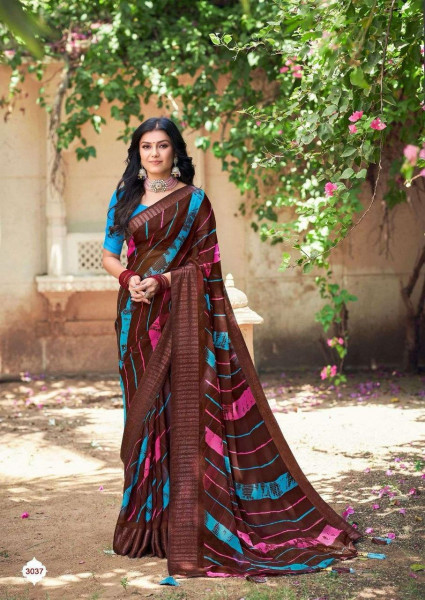 Image of Coffee Soft Georgette Lehariya Print Silver Zari Border Saree