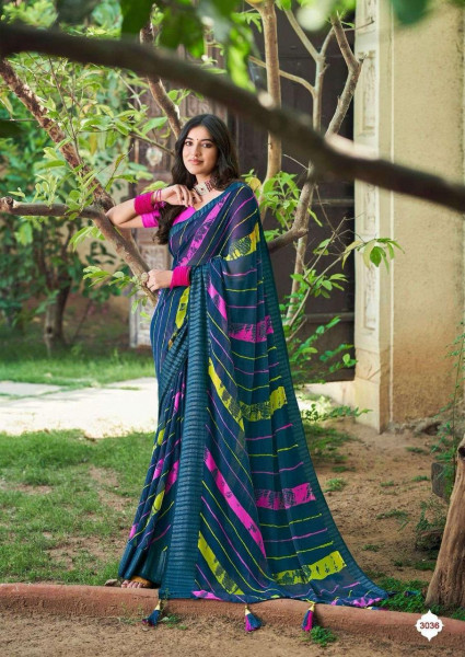 Image of Dark Teal Soft Georgette Lehariya Print Silver Zari Border Saree