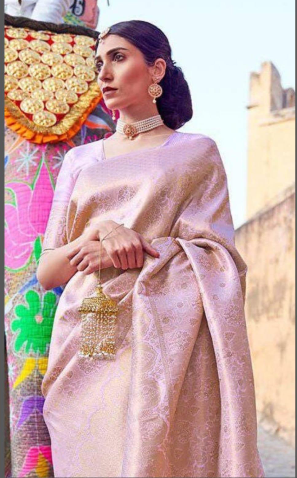 Pink Banarasi Silk Jacquard Weaved All Over Rich Zari Saree