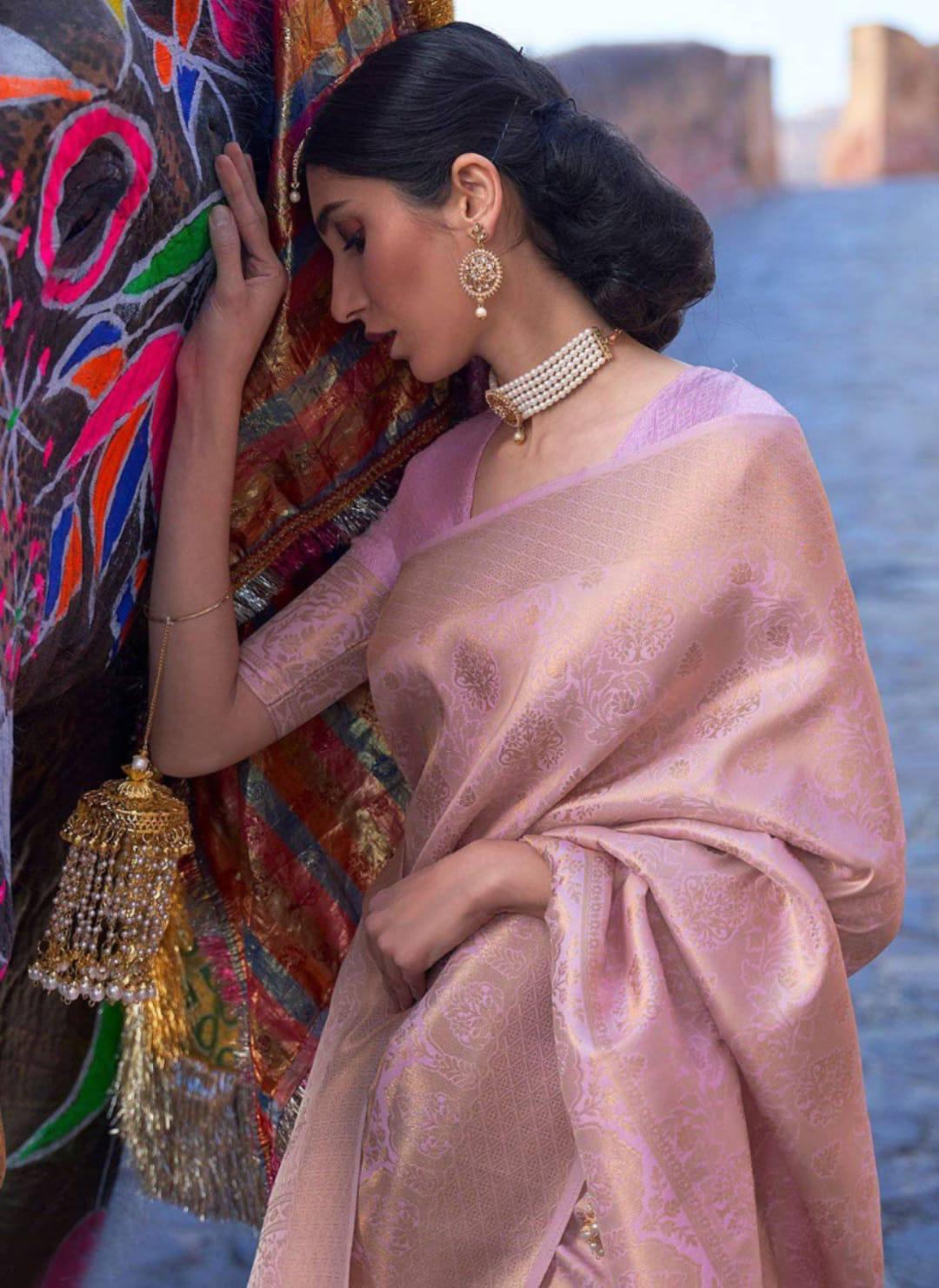 Pink Banarasi Silk Jacquard Weaved All Over Rich Zari Saree