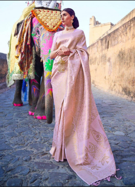 Image of Pink Banarasi Silk Jacquard Weaved All Over Rich Zari Saree