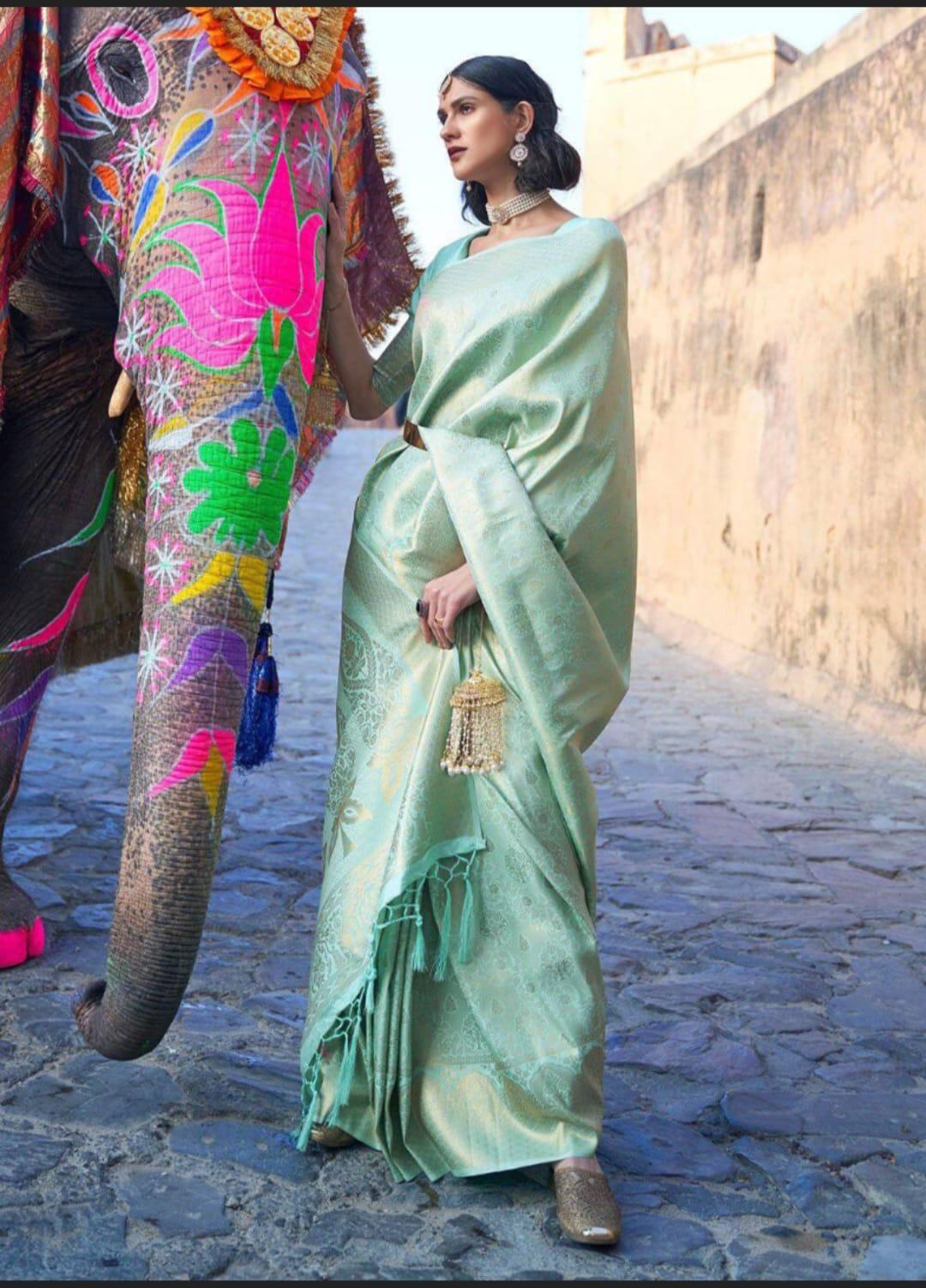 Pistachio Banarasi Silk Jacquard Weaved All Over Rich Zari Saree