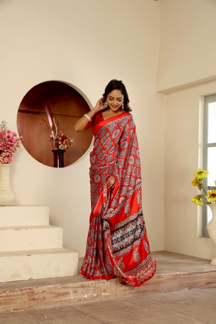 Red Modal Silk All Over Digital Printed Saree Comes With Blouse Piece