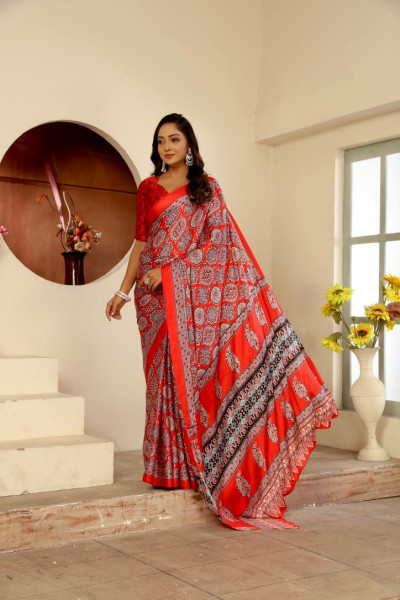 Image of Red Modal Silk All Over Digital Printed Saree Comes With Blouse Piece