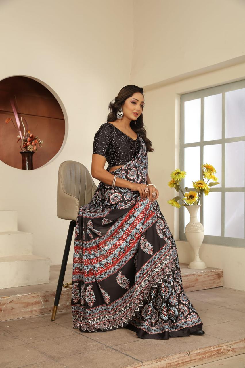 Black Modal Silk All Over Digital Printed Saree Comes With Blouse Piece