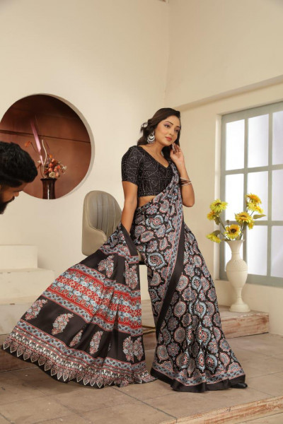 Image of Black Modal Silk All Over Digital Printed Saree Comes With Blouse Piece