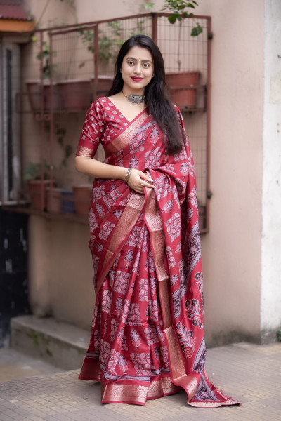 Image of Maroon Soft Cotton Silk Ajrakh Printed With Gold Zari Border Saree