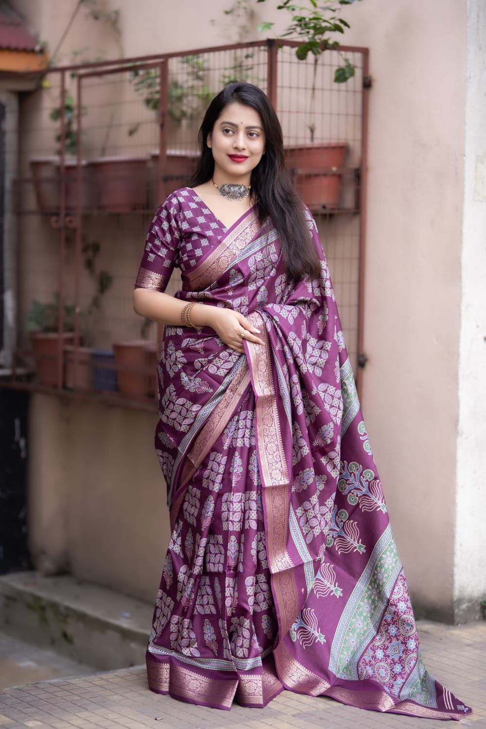 Purple Soft Cotton Silk Ajrakh Printed With Gold Zari Border Saree
