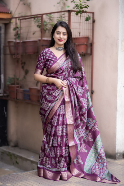 Image of Purple Soft Cotton Silk Ajrakh Printed With Gold Zari Border Saree