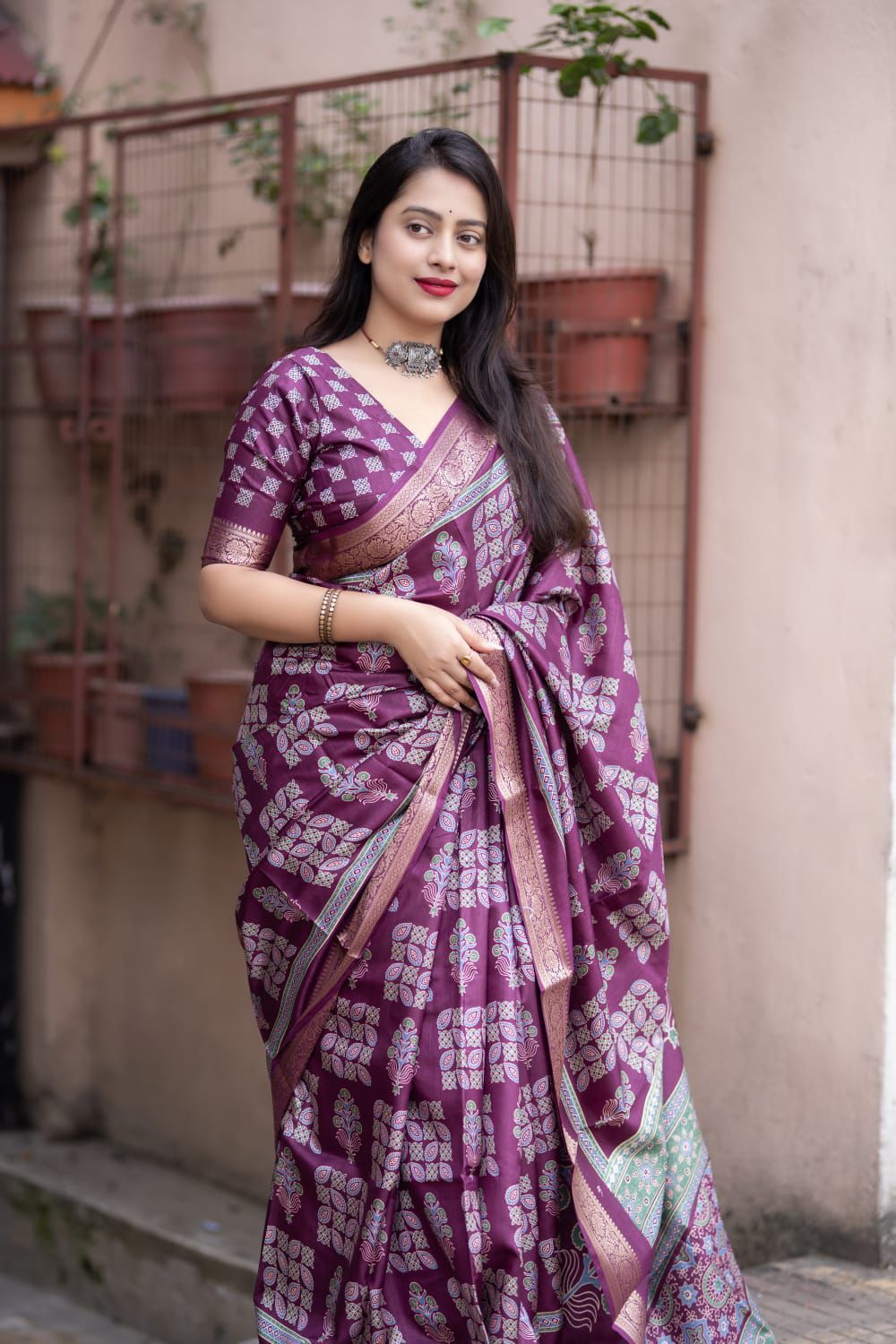 Purple Soft Cotton Silk Ajrakh Printed With Gold Zari Border Saree