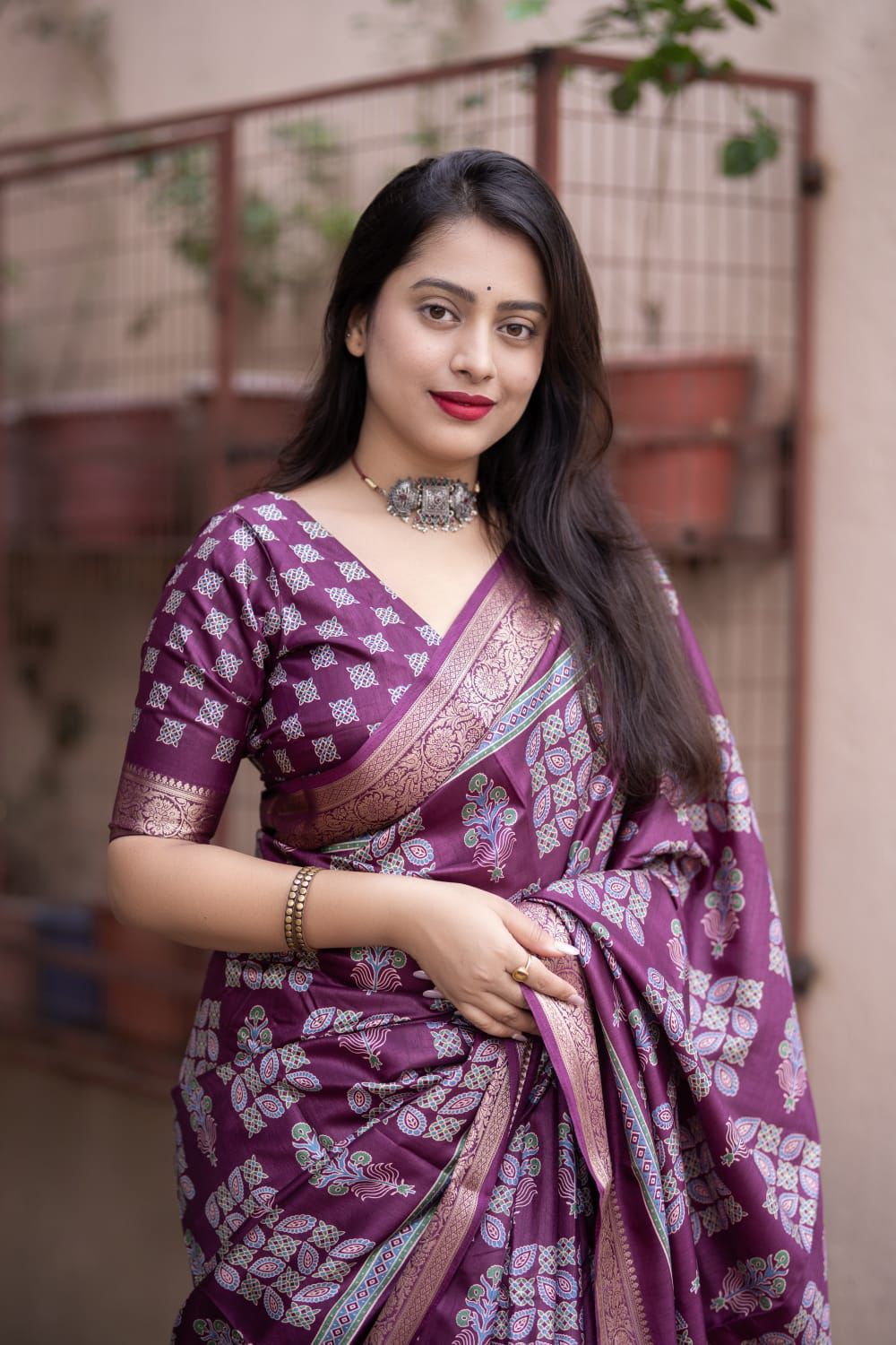 Purple Soft Cotton Silk Ajrakh Printed With Gold Zari Border Saree