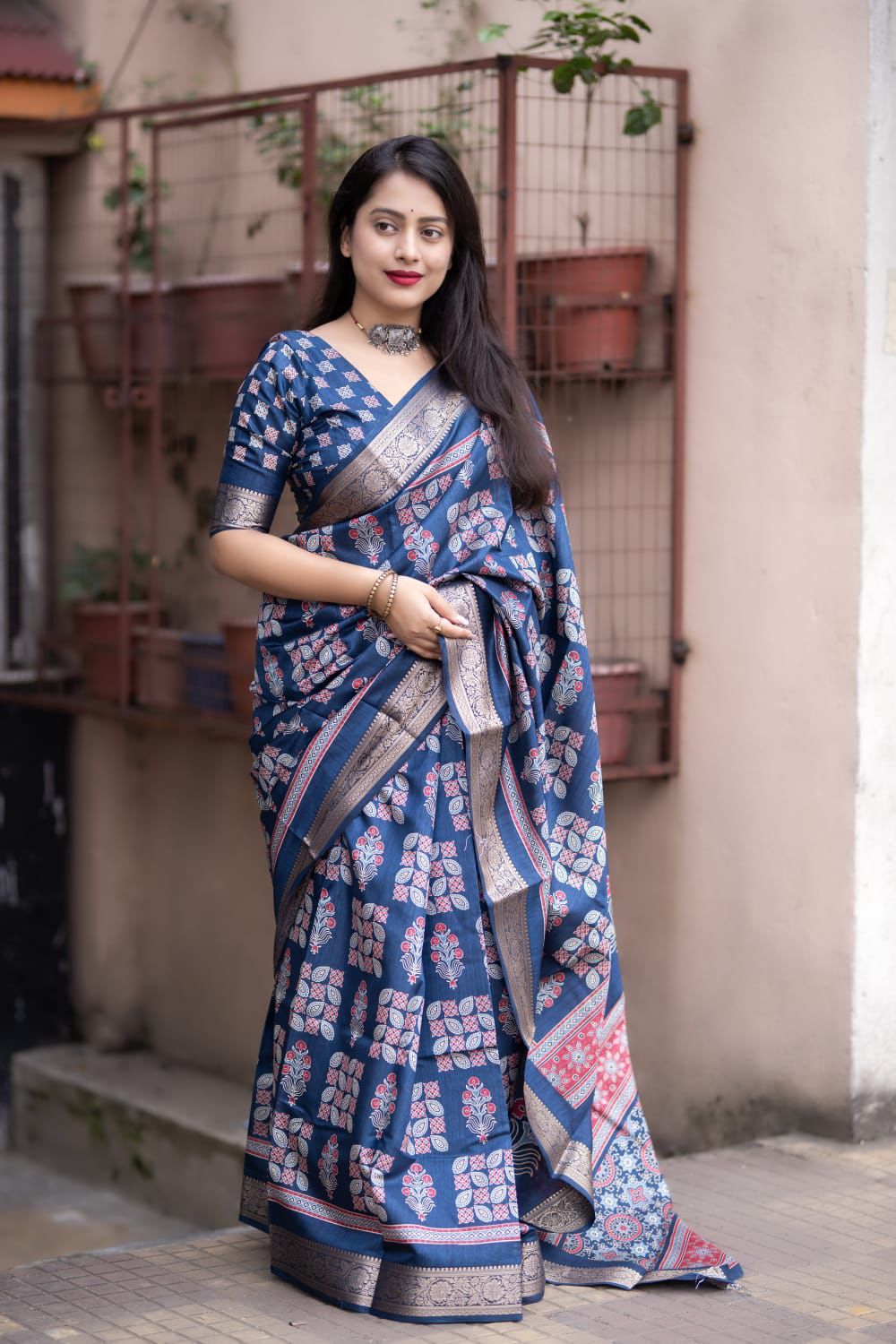 Blue Soft Cotton Silk Ajrakh Printed With Gold Zari Border Saree