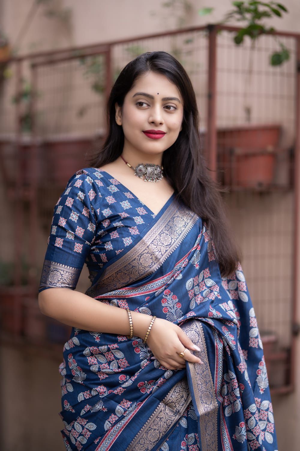 Blue Soft Cotton Silk Ajrakh Printed With Gold Zari Border Saree