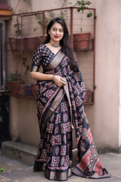 Image of Black Soft Cotton Silk Ajrakh Printed With Gold Zari Border Saree