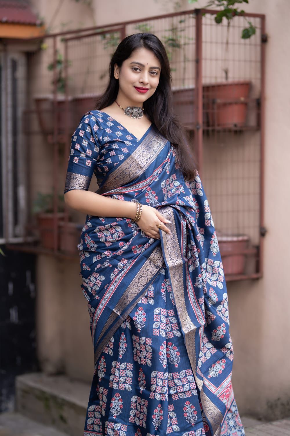 Blue Soft Cotton Silk Ajrakh Printed With Gold Zari Border Saree