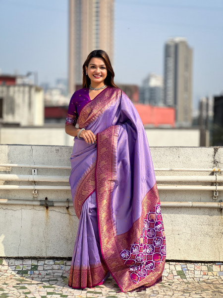 Image of Lavender Pure Tissue Kanjivaram Rich Zari Weaved Body Patola Weaved Pallu Saree