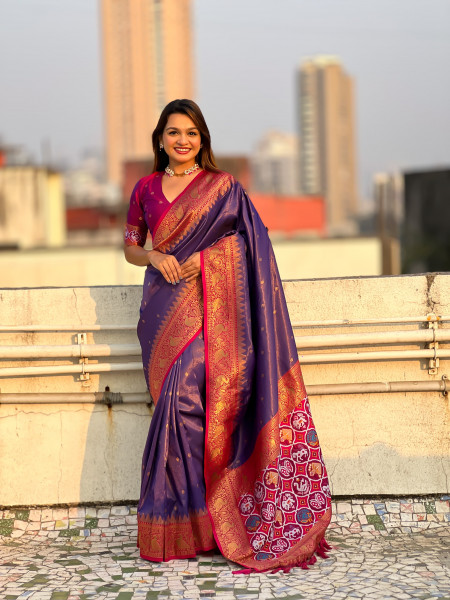 Image of Indigo Pure Tissue Kanjivaram Rich Zari Weaved Body Patola Weaved Pallu Saree