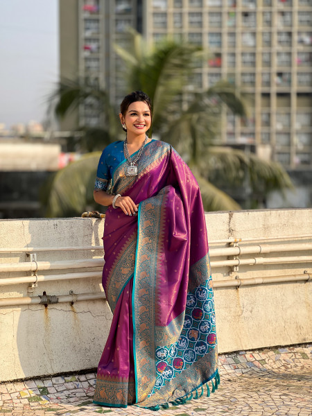 Image of Purple Pure Tissue Kanjivaram Rich Zari Weaved Body Patola Weaved Pallu Saree