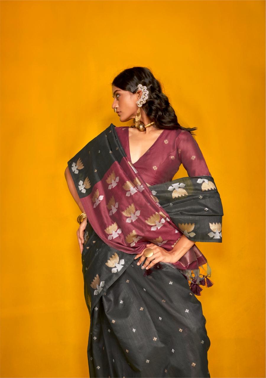 Black Pure Tussar Handloom Weaved Zari Booti Contrast Rich Pallu Saree