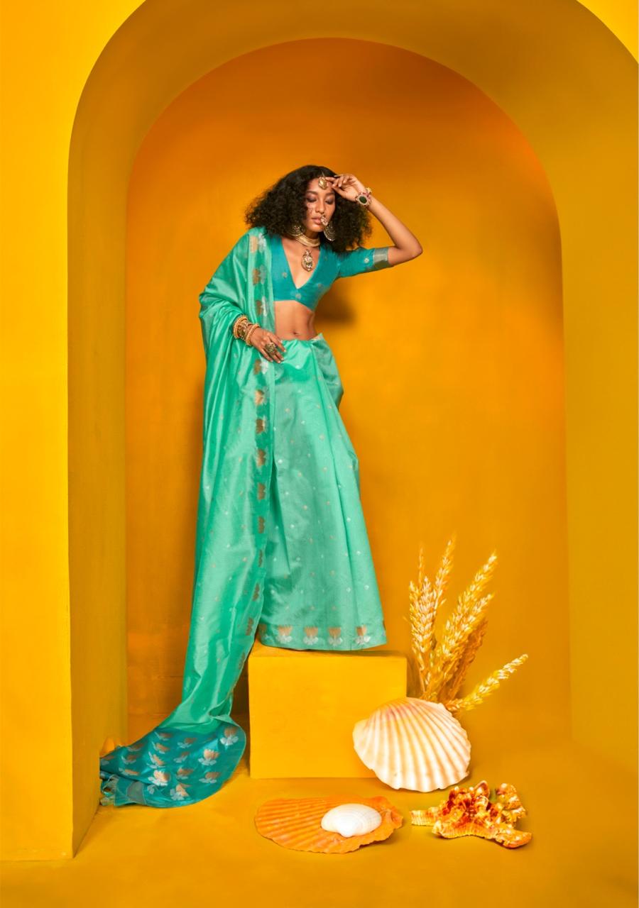 C-Green Pure Tussar Handloom Weaved Zari Booti Contrast Rich Pallu Saree