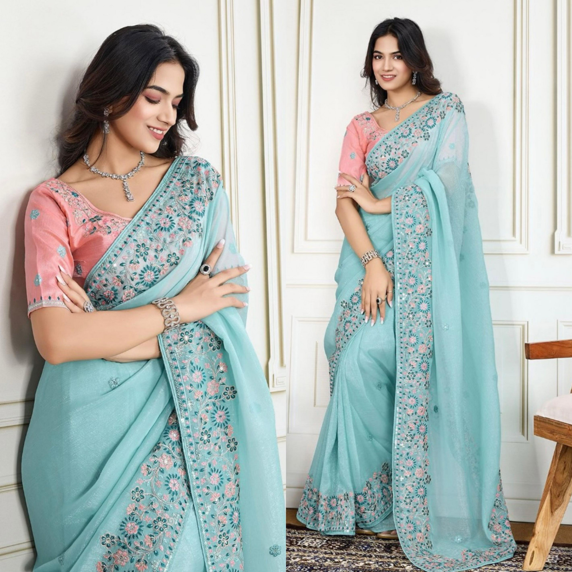 Sky Blue Premium Organza All Over Embroidery Cutwork Border Saree