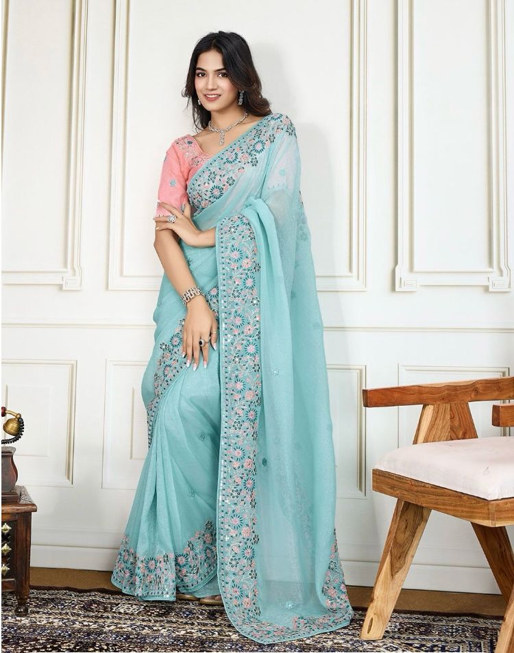 Sky Blue Premium Organza All Over Embroidery Cutwork Border Saree