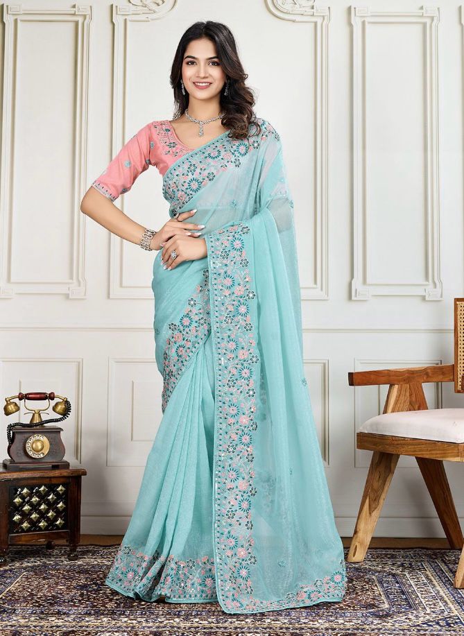 Sky Blue Premium Organza All Over Embroidery Cutwork Border Saree
