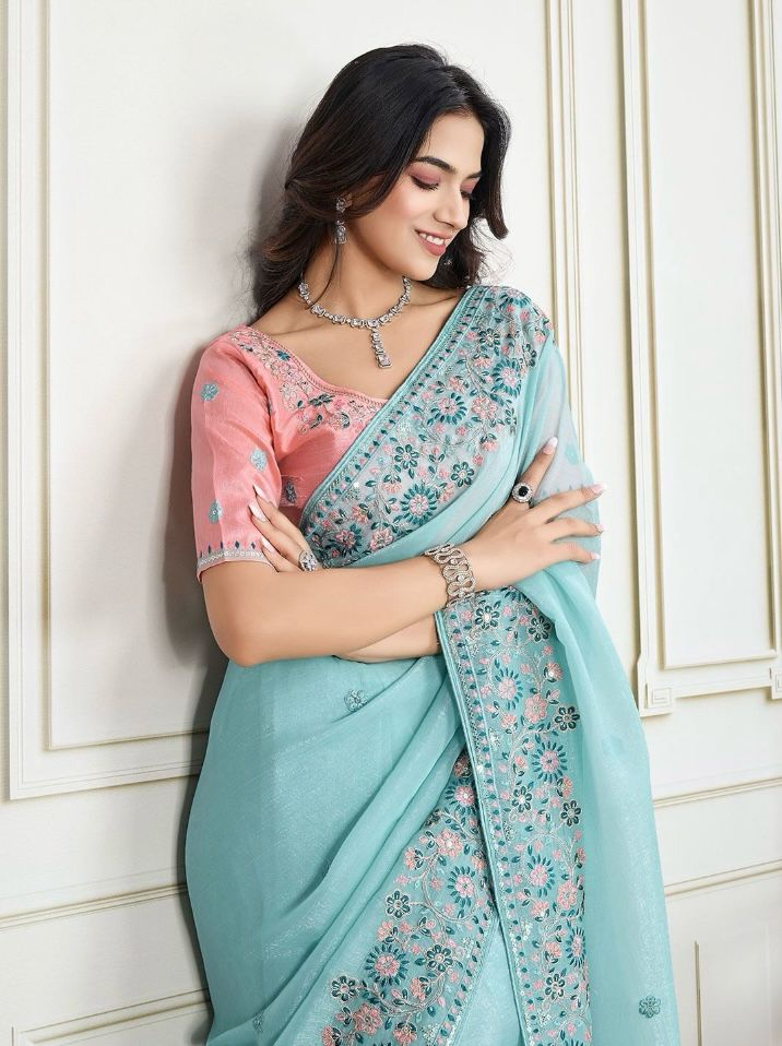 Sky Blue Premium Organza All Over Embroidery Cutwork Border Saree