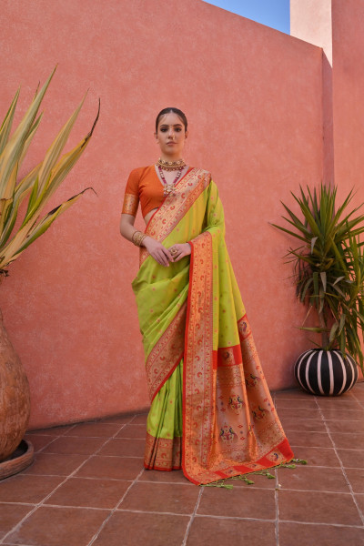 Image of Mehendi Green Pure Banarasi Paithani Silk Zari Weaved Booti Rich Weaved Pallu Border Saree
