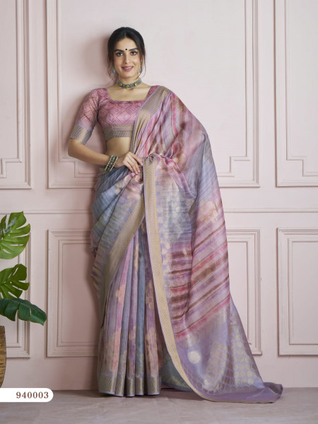Image of Lavender Shaded Pure Handloom Khadi Silk Digital Printed Saree