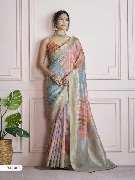 Image of Pink Gray Shaded Pure Handloom Khadi Silk Digital Printed Saree