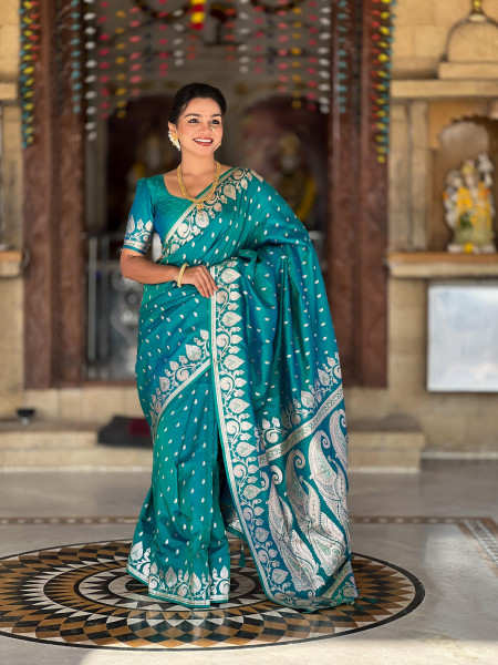 Image of Jade Green Banarasi Silk Rich Zari Meenakari Weaved Body  Pallu Border Saree