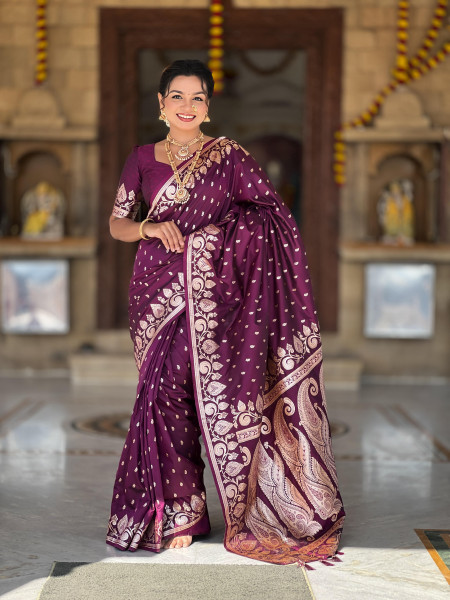 Image of Wine Banarasi Silk Rich Zari Meenakari Weaved Body  Pallu Border Saree