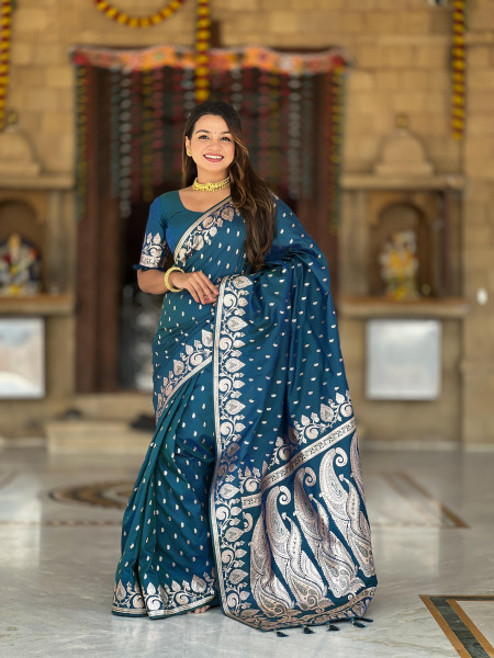 Image of Teal Banarasi Silk Rich Zari Meenakari Weaved Body  Pallu Border Saree
