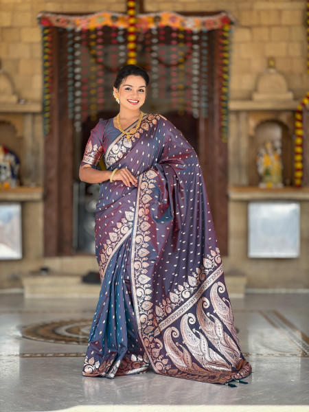 Image of Graphite Banarasi Silk Rich Zari Meenakari Weaved Body  Pallu Border Saree
