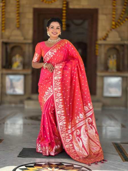 Image of Pink Orange Shaded Banarasi Silk Rich Zari Meenakari Weaved Body  Pallu Border Saree