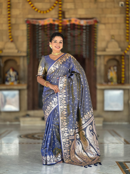 Image of Gray Banarasi Silk Rich Zari Meenakari Weaved Body  Pallu Border Saree