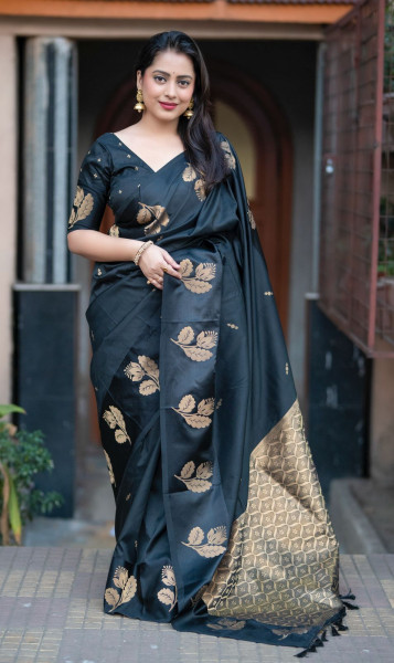 Image of Black Banarasi Satin Silk Gold Zari Weaved Boota Rich Pallu Saree