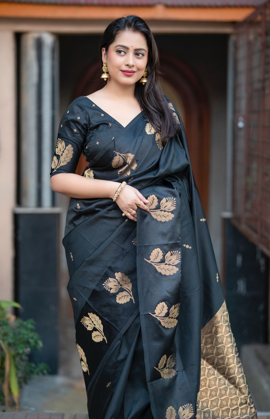 Black Banarasi Satin Silk Gold Zari Weaved Boota Rich Pallu Saree