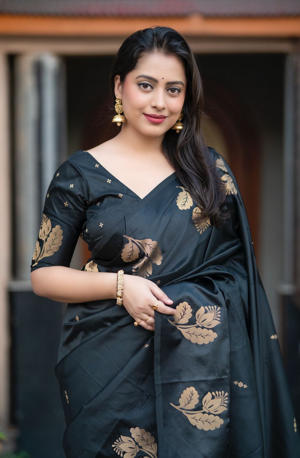 Black Banarasi Satin Silk Gold Zari Weaved Boota Rich Pallu Saree