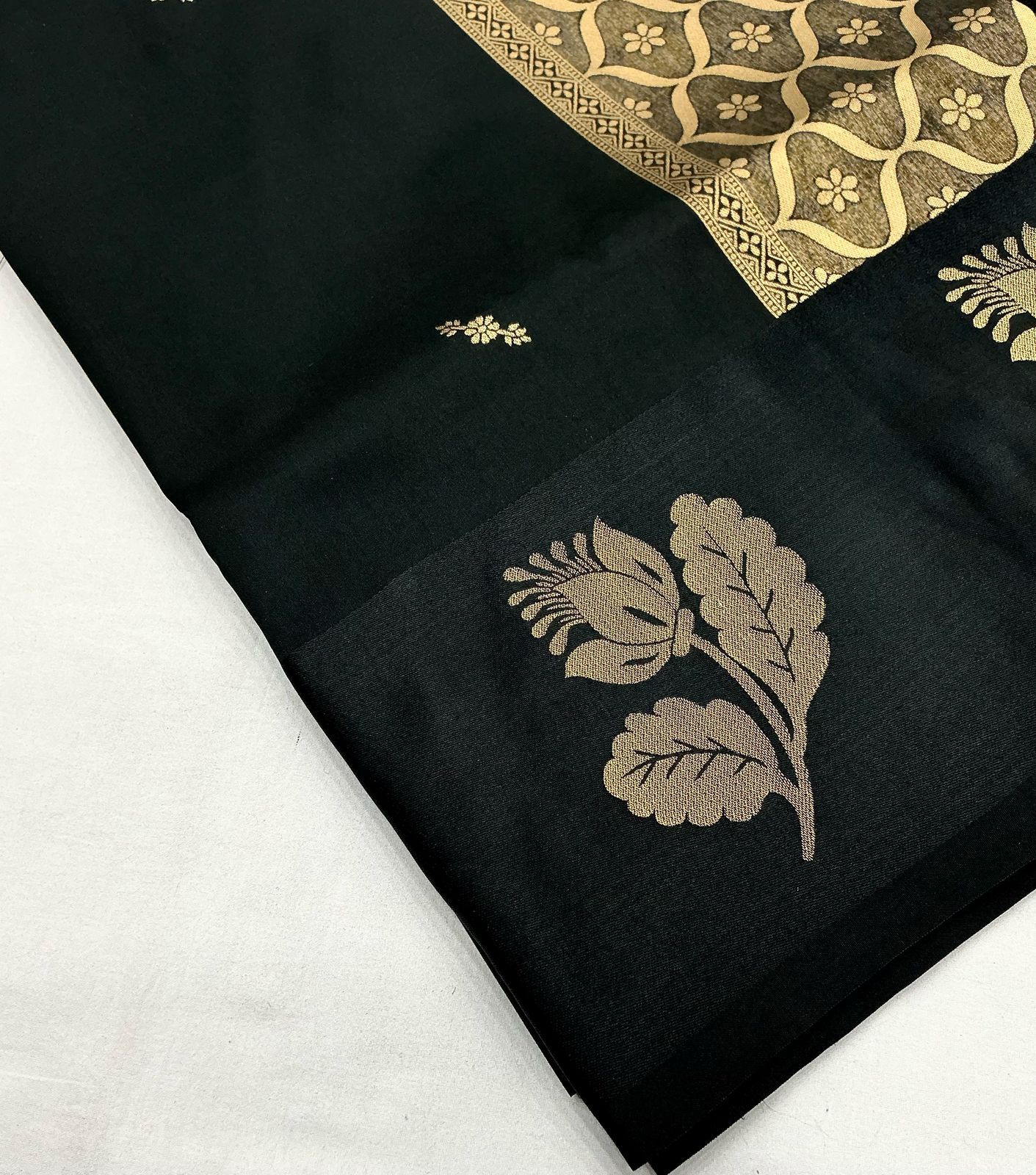 Black Banarasi Satin Silk Gold Zari Weaved Boota Rich Pallu Saree