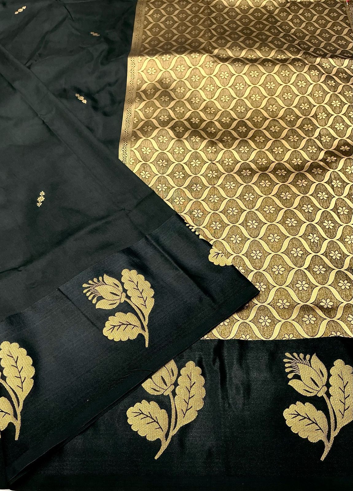 Black Banarasi Satin Silk Gold Zari Weaved Boota Rich Pallu Saree