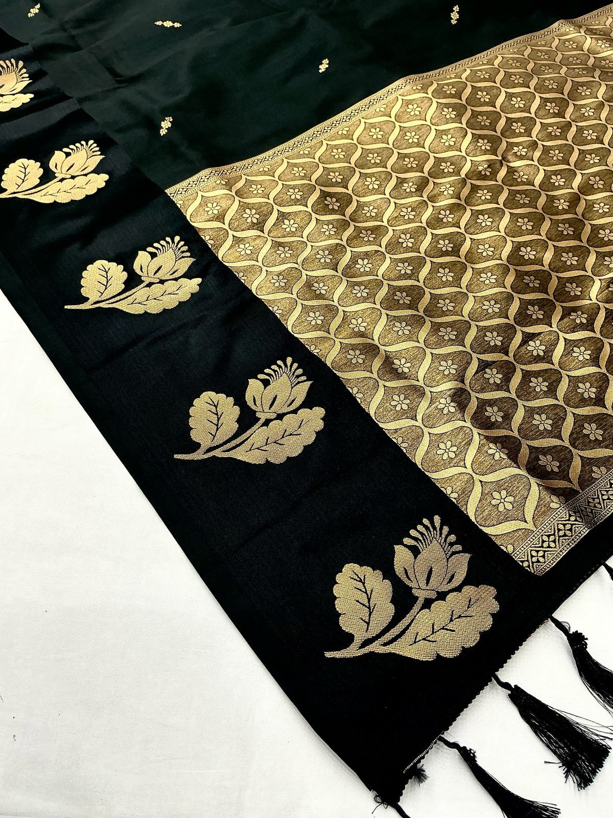 Black Banarasi Satin Silk Gold Zari Weaved Boota Rich Pallu Saree