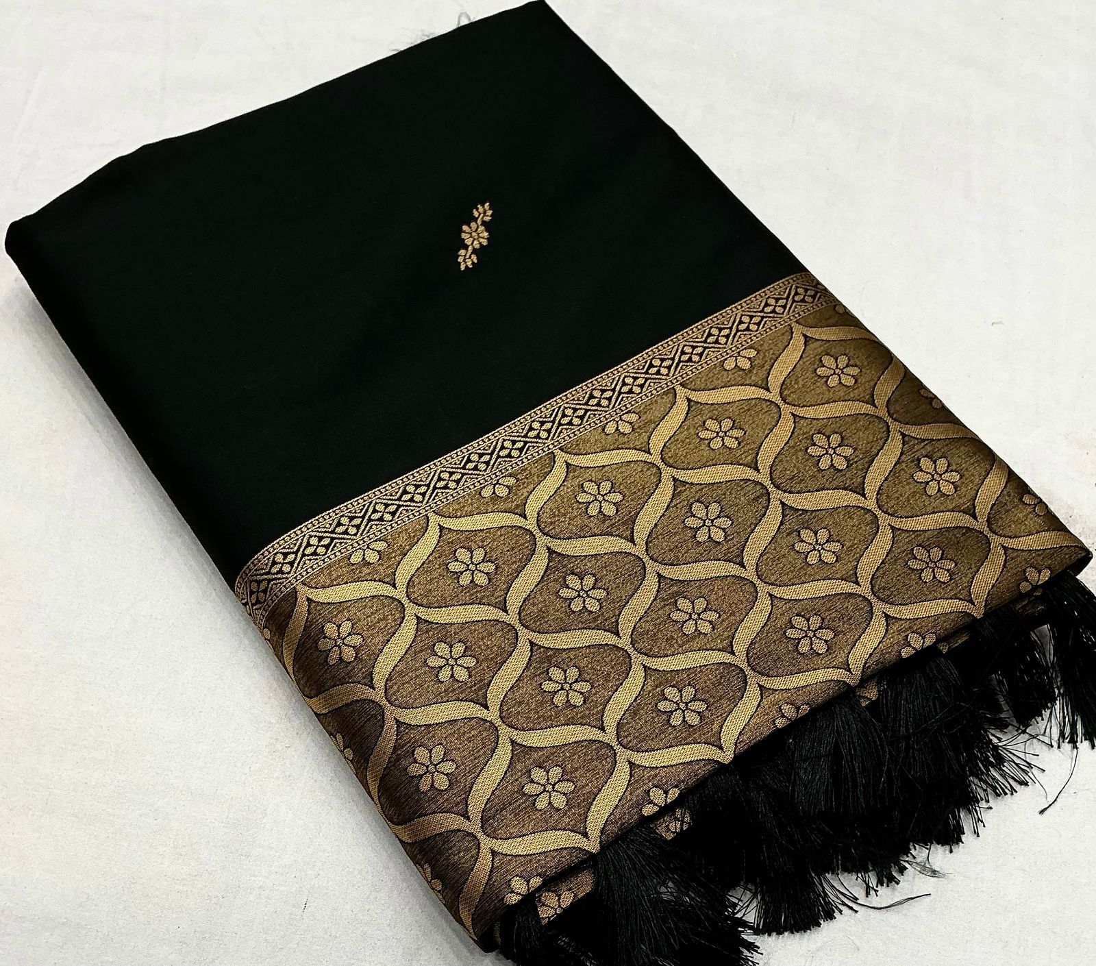 Black Banarasi Satin Silk Gold Zari Weaved Boota Rich Pallu Saree