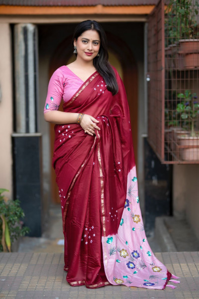 Image of Maroon Pure Chanderi Cotton Bandhani Hand Painted Saree