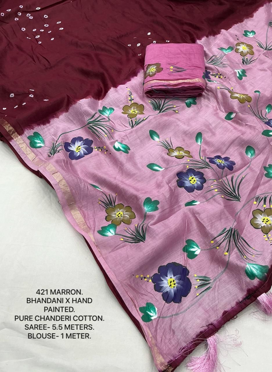 Maroon Pure Chanderi Cotton Bandhani Hand Painted Saree