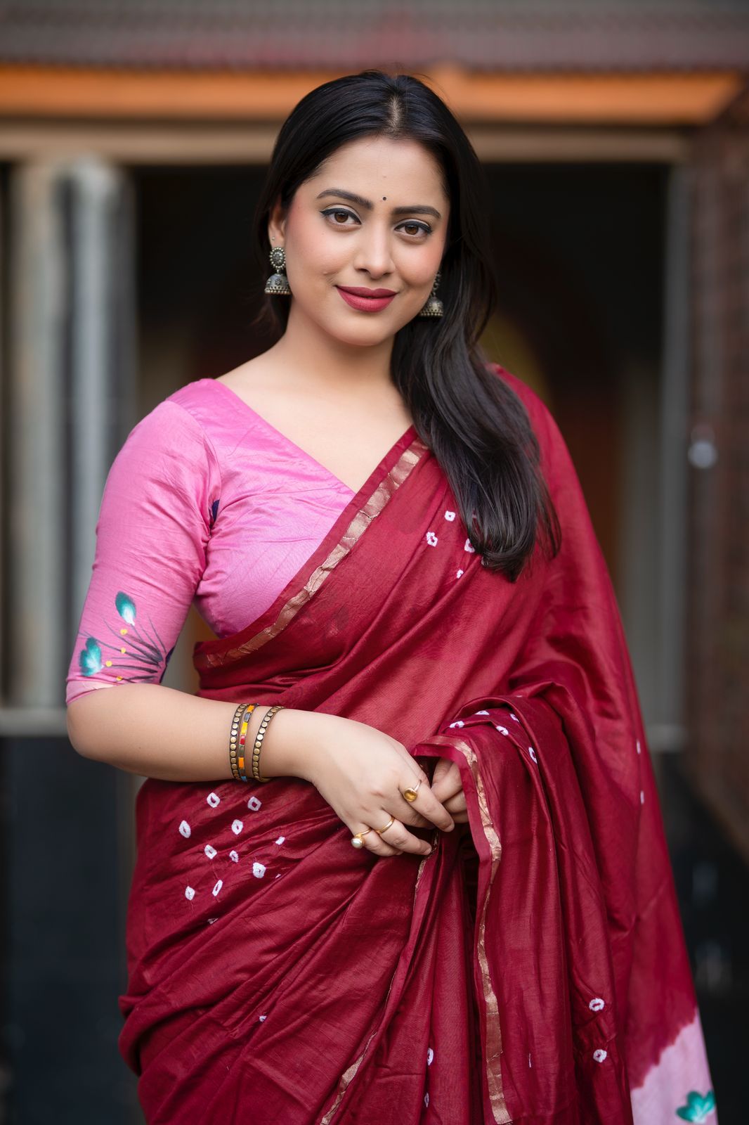 Maroon Pure Chanderi Cotton Bandhani Hand Painted Saree