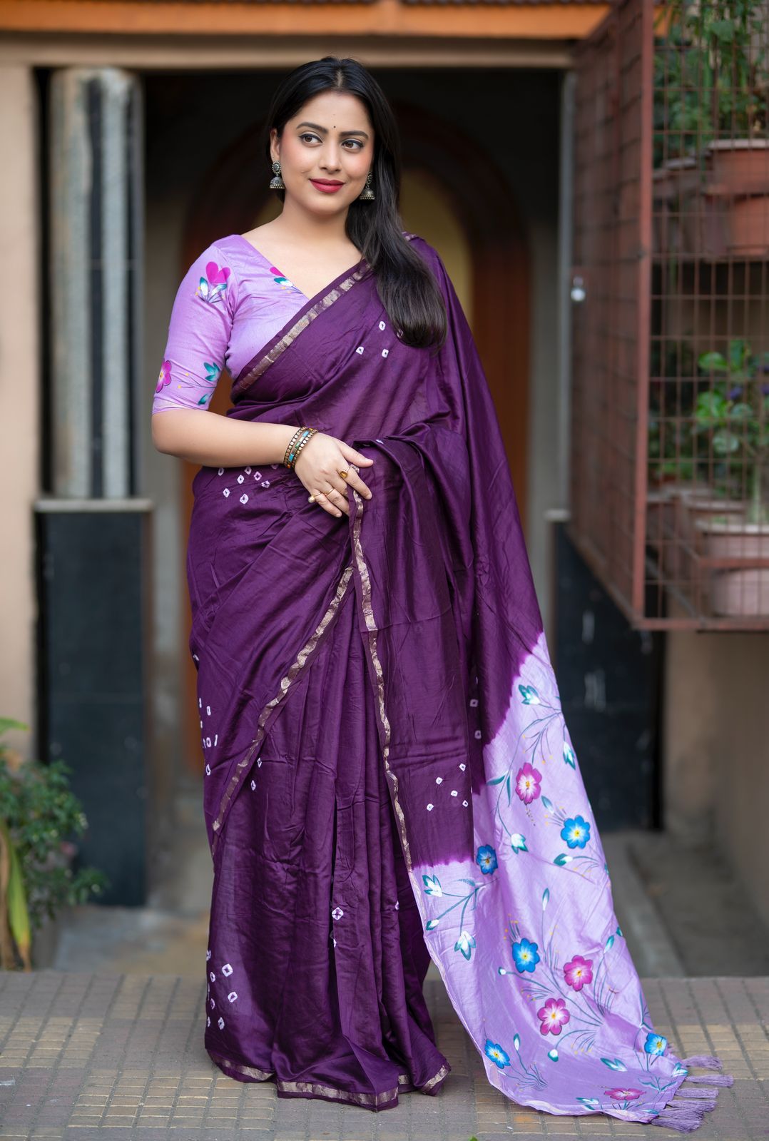 Jaamli Indigo Pure Chanderi Cotton Bandhani Hand Painted Saree