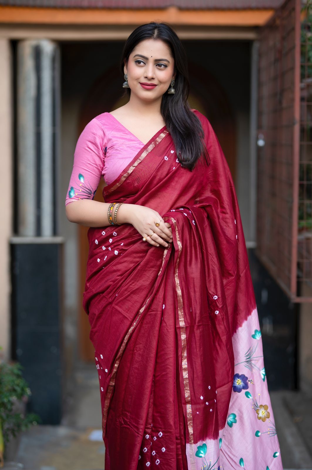 Maroon Pure Chanderi Cotton Bandhani Hand Painted Saree