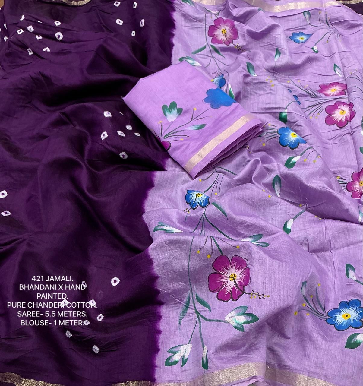 Jaamli Indigo Pure Chanderi Cotton Bandhani Hand Painted Saree